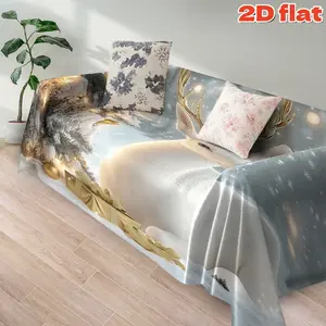 2D flat 1Pc Elegant Winter Wonderland Themed Sofa Cover with Gold Antler and Snowflake Pattern - Nordic Style Decorative Throw Blanket Durable Anti-Slip Furniture Protector for Living Room Bedroom Couch Machine Washable Holiday Home Decor