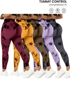 QGU 5-Pack High Waist Tummy Control Yoga Pants For Women, Summer Tie.Dye Fitness Leggings, Stretchy Running Peach Lift Workout Tights,Assorted Colors