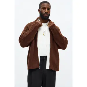 Oversized Willow Ribbed Zip Up Sweater - Brown