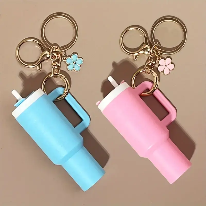 Tumbler Cup keychain with Removable Lid-Chapstick Holder，cute keychain，matching exquisite birthday gift，Mini Tumbler Keychain for Lip Balm，stocking stuffers for girlfriend， portable keychain， Mother's Day gifts ， springtok Pink Charms