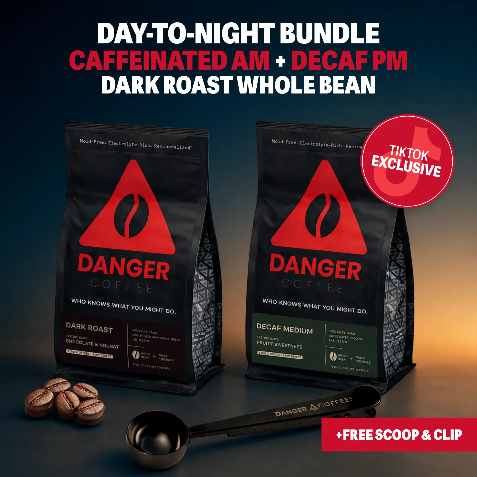 Day to Night Bundle - 1x Dark Roast Whole Bean, 1x Decaf Whole Bean + Free Scoop with Clip
