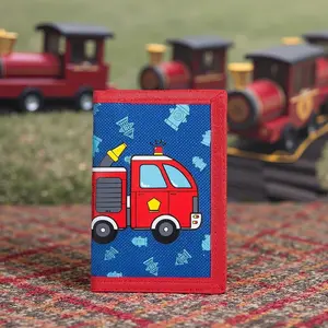 L-X01  RFID Blocking Trifold Canvas Wallet for Teens with Zipper & Coin Pocket - Lovely Firetruck Cartoon Design for Kids