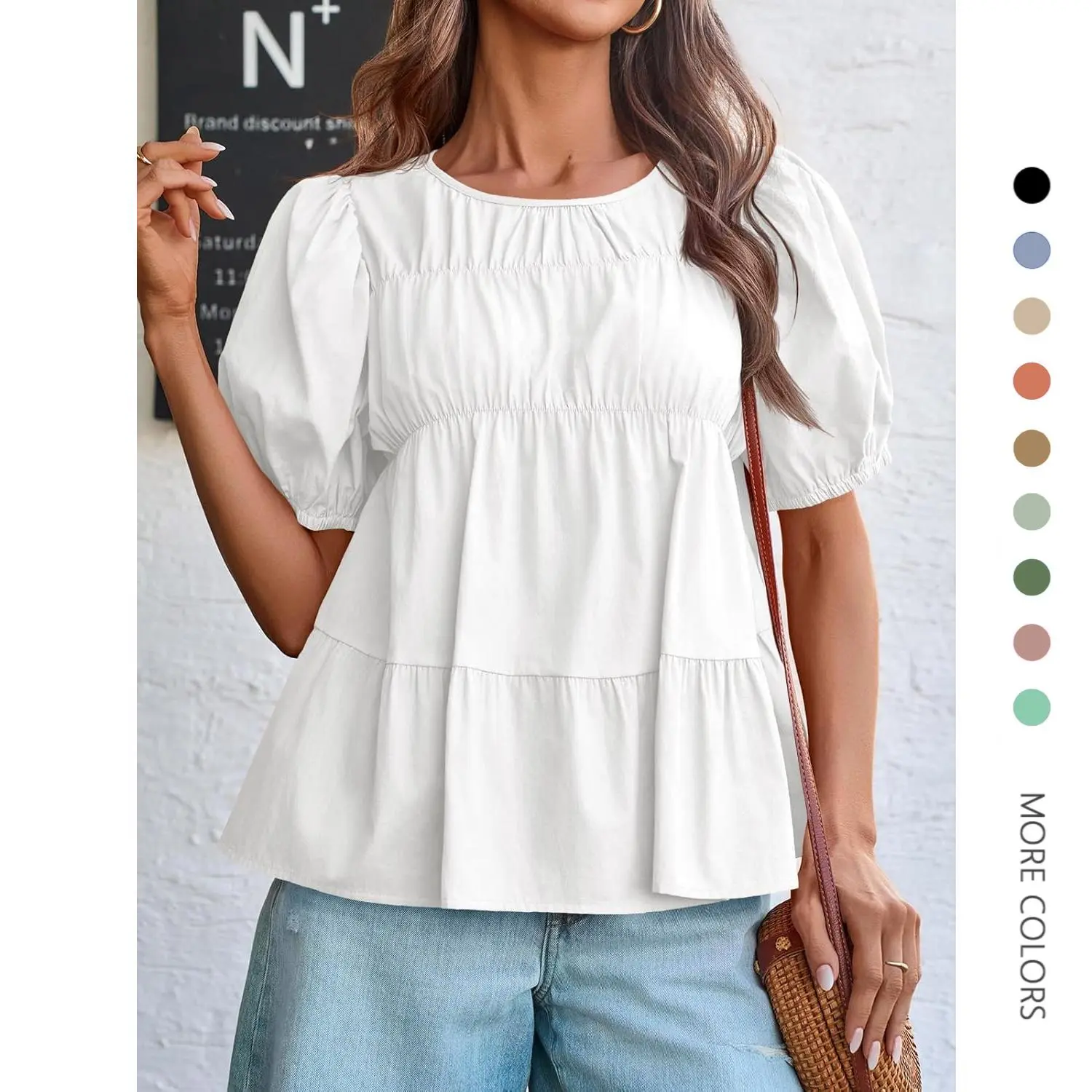 Imily Bela Womens Puff Sleeve Peplum Babydoll Tops Summer Smoked Pleated Cotton T-Shirts Casual Loose Fit Flowy Blouse