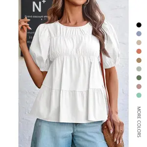 PASLTER Womens Puff Sleeve Peplum Babydoll Tops Summer Smoked Pleated Cotton T-Shirts Casual Loose Fit Flowy Blouse