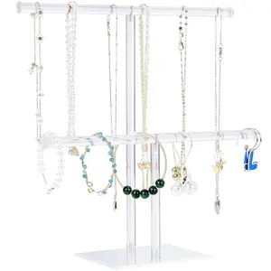 2-Tier Clear Acrylic Jewelry Organizer Stand - Hanging Display Holder for Necklaces, Bracelets, Bangles, Rings, Earrings, Watches - Home Jewelry Storage Organizer
