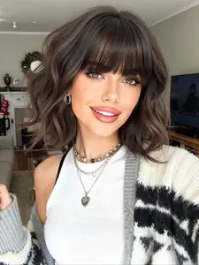 10 Inch Synthetic Wig, Short Bob Haircut, Curly Bangs Design, Straight Fiber Material, Perfect for Cosplay & Daily Wear, Synthetic Wavy Curly