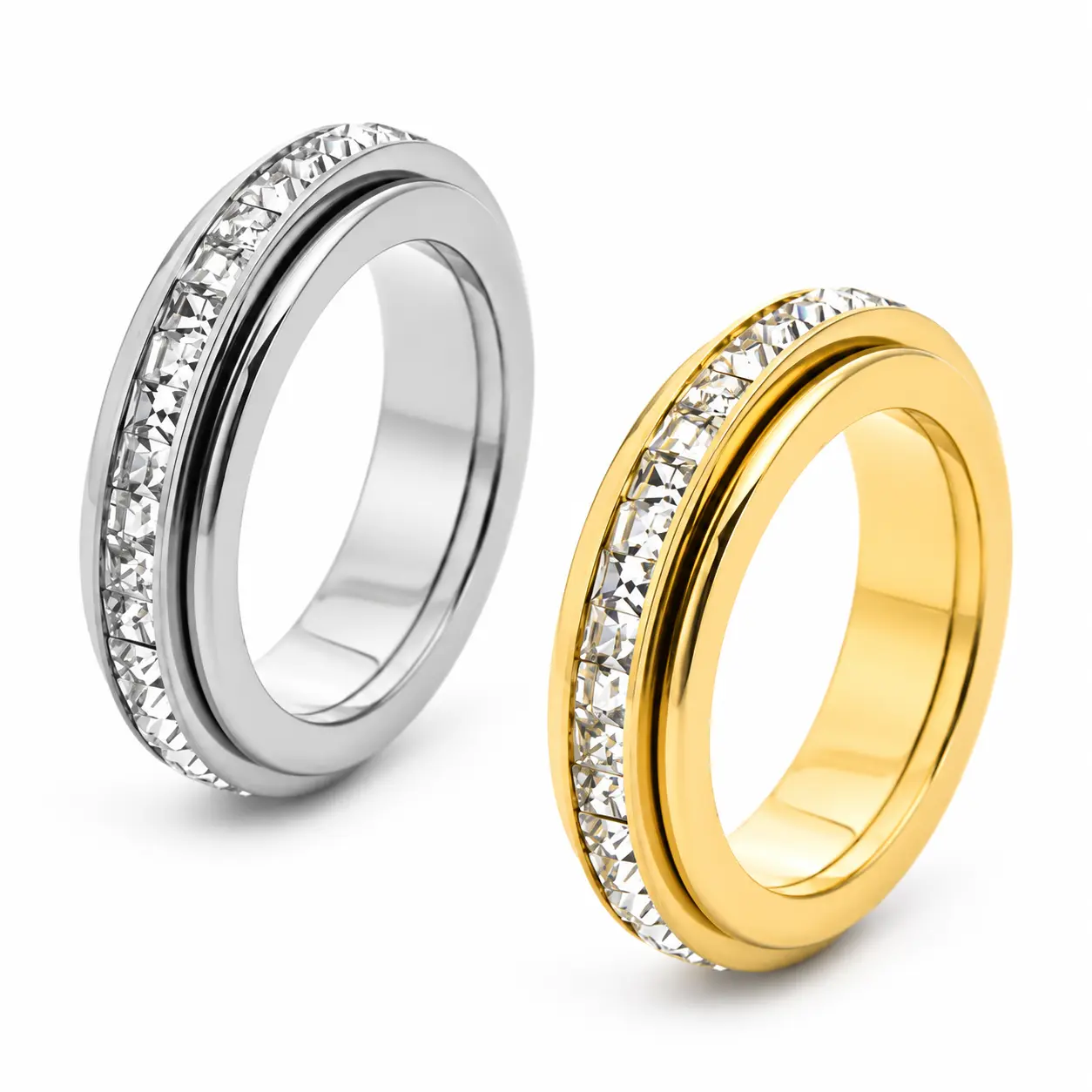 Women's 2Pcs Titanium Steel Spinner Ring Set - Crystal-Inlaid Anxiety Rings, Rotatable Stress Relief 2-Tone Silver & Gold Costume Jewelry Gift