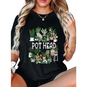 "Pot Head" Plant Lover T-Shirt, Funny Gardener Graphic Tee, Potted Plants Casual Black Top For Plant Enthusiasts