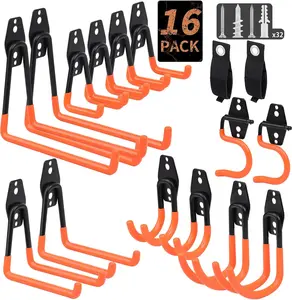 16 Pack Garage Hooks Heavy Duty – Wall Mount Utility Hooks for Hanging, Garage Organization, Tool Hangers for Garage Wall, Ladder Holders, Assorted Sizes with Mounting Screws (Orange)