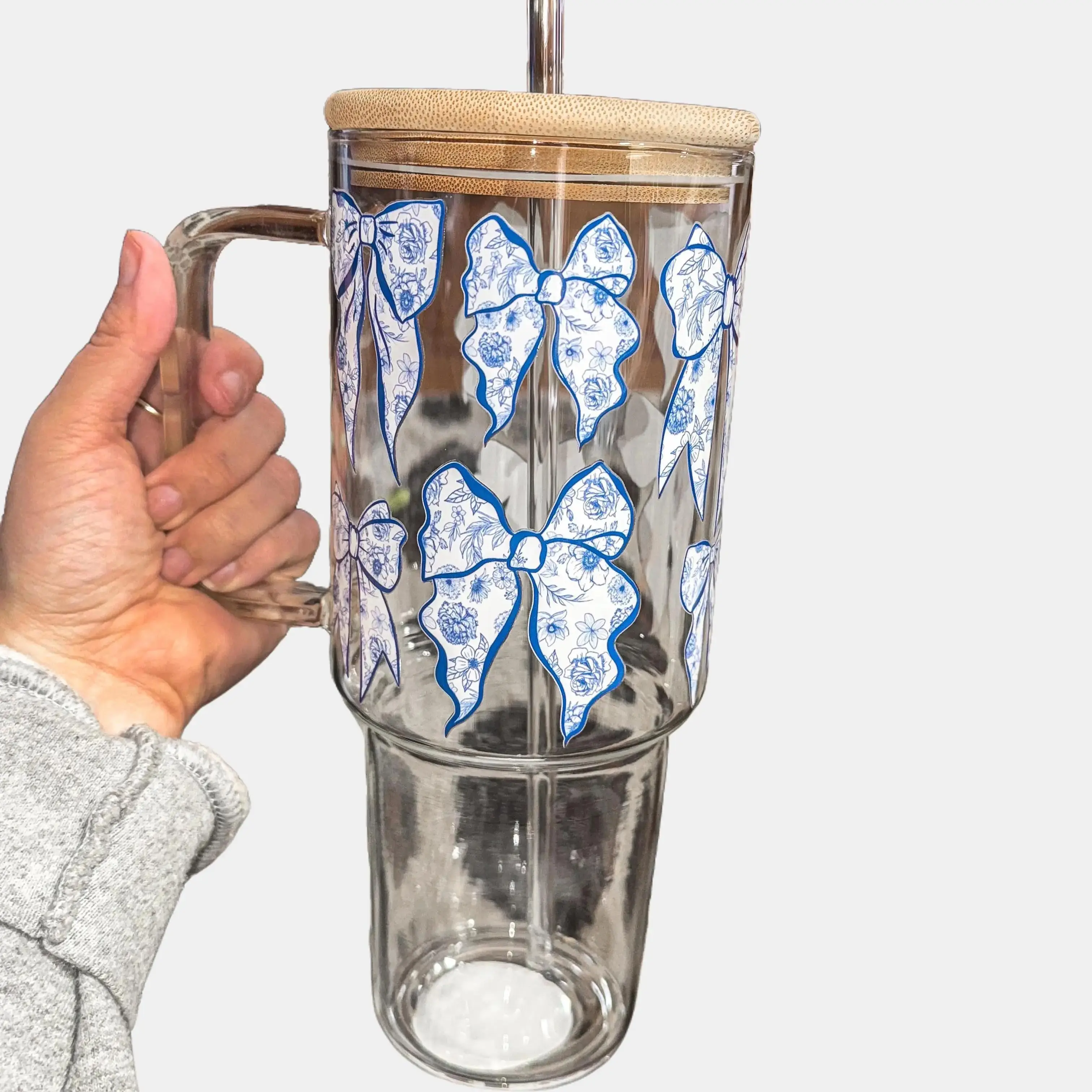 Blue Coquette Bow 40 oz Glass Tumbler with handle, lid and straw