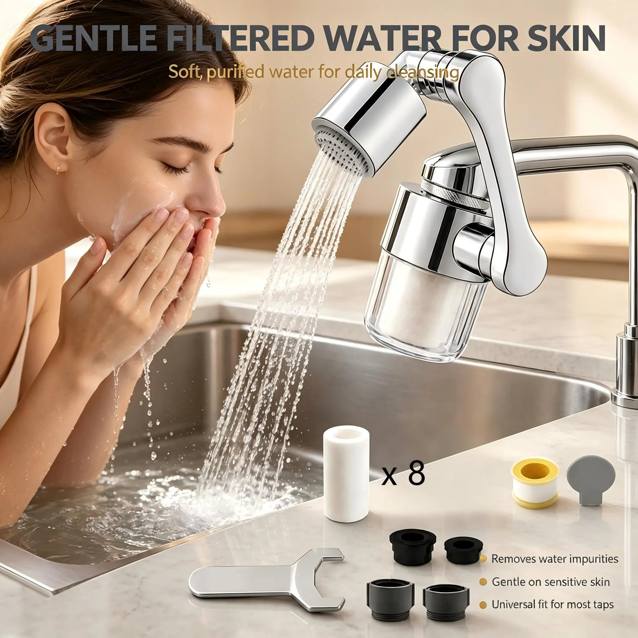 360° Swivel Aerator Filter Set – Anti-Splash Soft Flow, Clear Shell, 5 Extra Cartridges, Universal Fit for Kitchen & Bathroom