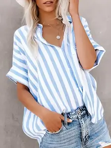 Women's Striped Print Woven Collared Shirt Blouses, Casual Style Shirt, Casual Fitted Button Front Short Sleeve Top for Summer, Ladies Clothes for Daily Wear, Casual Chic