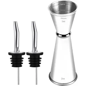 Jigger for Bartending with 2 Pourers, Japanese Jiggers with 5 Measurements Inside, 2 OZ 1 OZ Shot Measure Jiggers, Bar Jigger Bartender Tool Accessories, Silver (1 Jigger+ 2 Pourers)