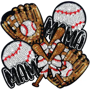 CY 6Pcs Baseball MAMA Iron On Patches Set Embroidered Baseball glove bat Applique for Trucker Hats Clothes Jackets Backpacks