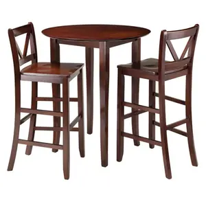 212 MAIN 3-Piece Walnut Finish Round Top Dining Table Set - Fiona High Round Wooden Table, 2 Bar V-Back Stools, 38.9x33.86x33.86 in, for Indoor Use Furniture