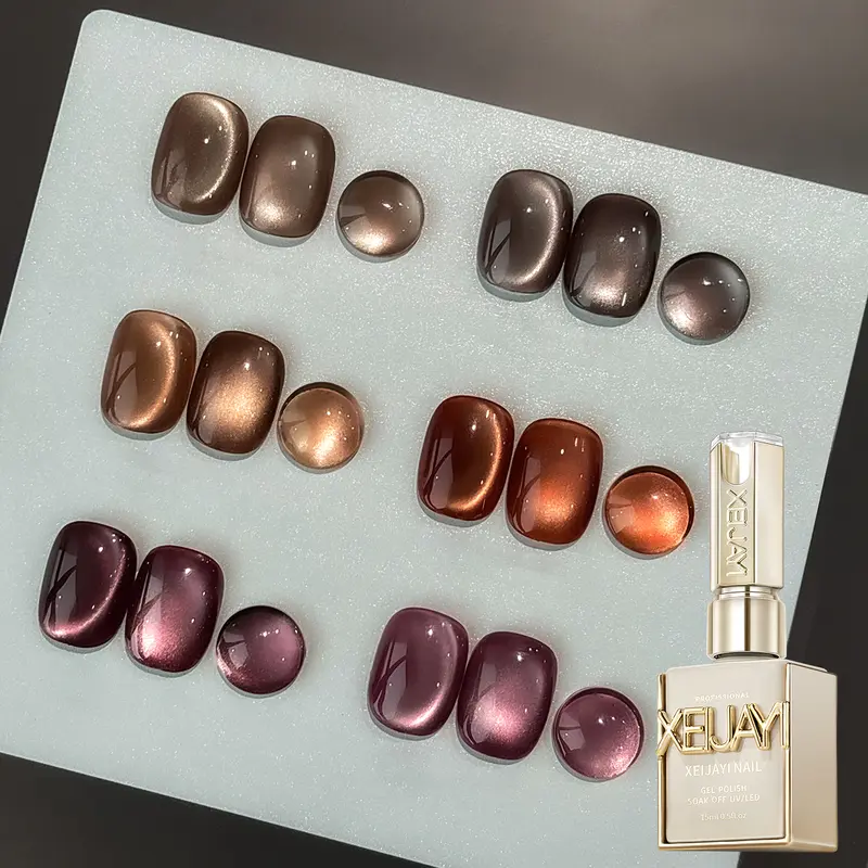 XEIJAYI 6PCS 15ML TPO&HEMA-Free Long-Lasting Alcohol-Free Cosmetic Coffee Cat Eye Gel Nail Polish Set, 6 Warm Coffee Shades with Fine Glitter, Magnetic Shimmer Effect, Soak-Off UV LED Gel for DIY Manicure, Home & Salon Use