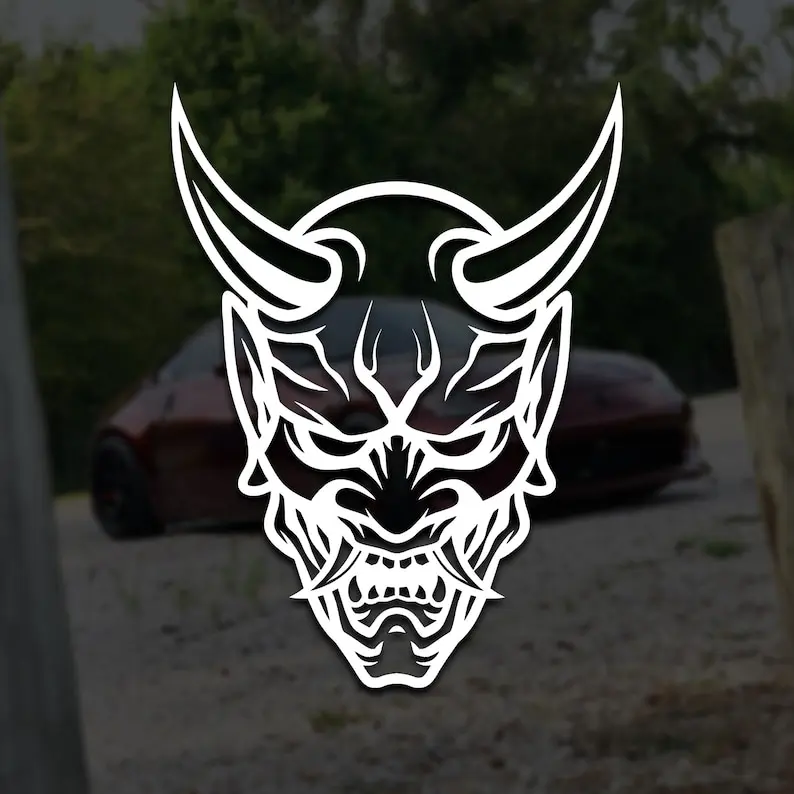 JDM Oni Mask Vinyl Decal | Japanese Text Banner Exhaust Ninja Street Racing Turbo Funny Drift Decal Meme