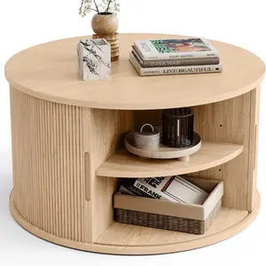 Round Coffee Table, 31.5" Drum Coffee Table with Sliding Tambour Door, Fluted Accent Center Table with Storage, Mid Century Modern Coffee Table for Living Room, Oak
