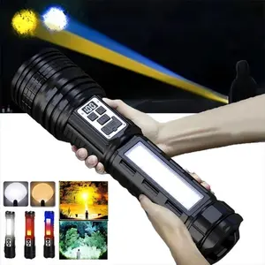 High Lumen LED Rechargeable Tactical Flashlight, with 15 Lighting Modes & COB Side Light Zoomable Long Battery Digital Display Large Powerful Waterproof Long Range Durable Flashlight ,for Outdoor Camping Emergency Survival,High Lumens LED Flashlight