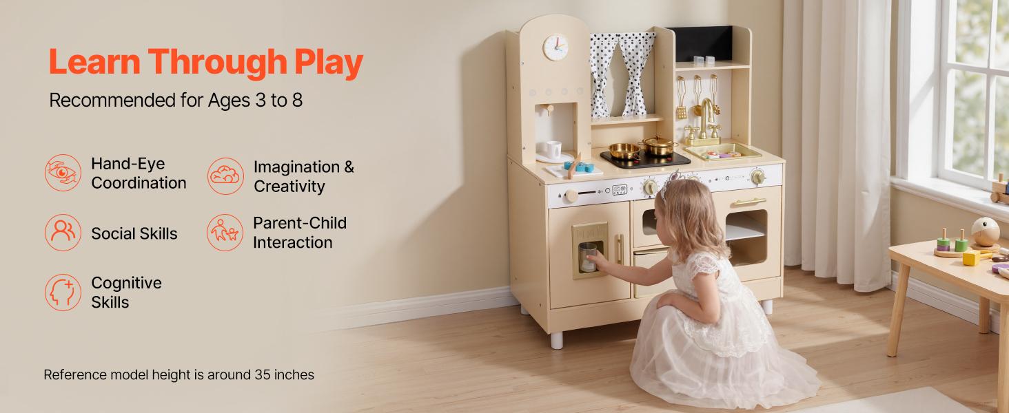 VEVOR Play Kitchen for Kids, Wooden, Kids Kitchen Playset with Realistic Lights & Sounds, Food & Cookware, Modern Style Pretend Play Toy Set, Ice Maker, Microwave, for Toddlers, Girls & Boys Ages 3-8