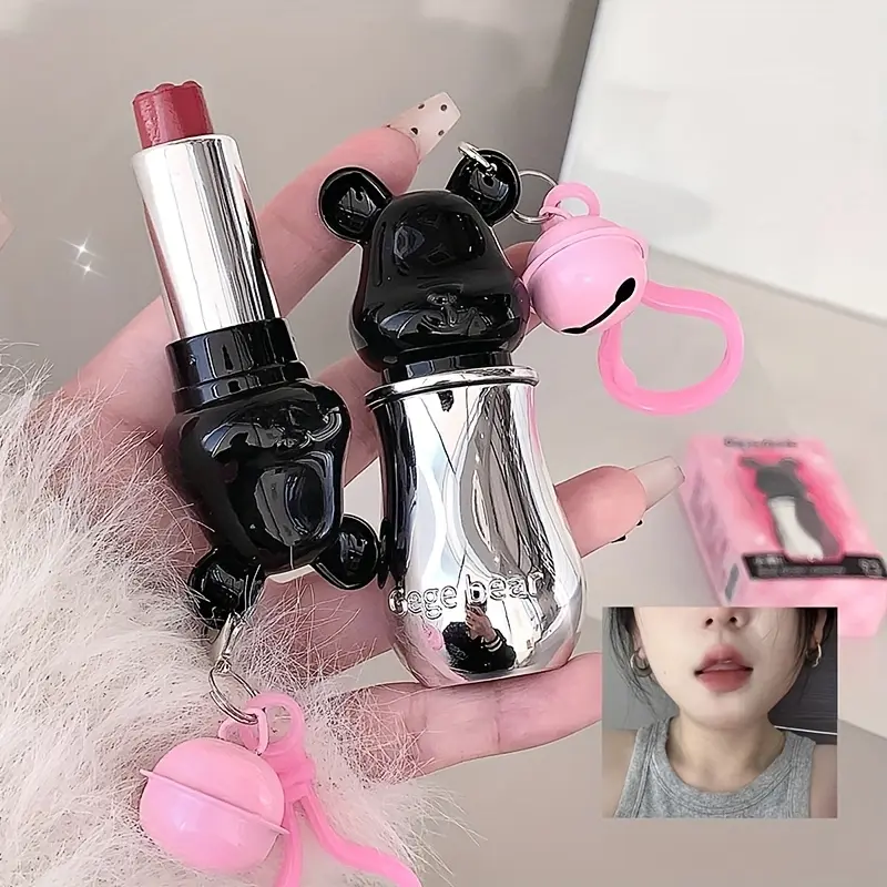 Velvet Matte Lipstick Cosmetic - Black Tube with Cute Bear Paw Keychain, Highly Pigmented, Flawless Finish for Students' Daily Makeup
