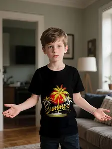 Black background with gold and red coconut shadow summer T-shirt, 100% polyester, fashionable, trendy and casual children's clothing, suitable for boys' daily outings and outdoor sports, a perfect gift for boys