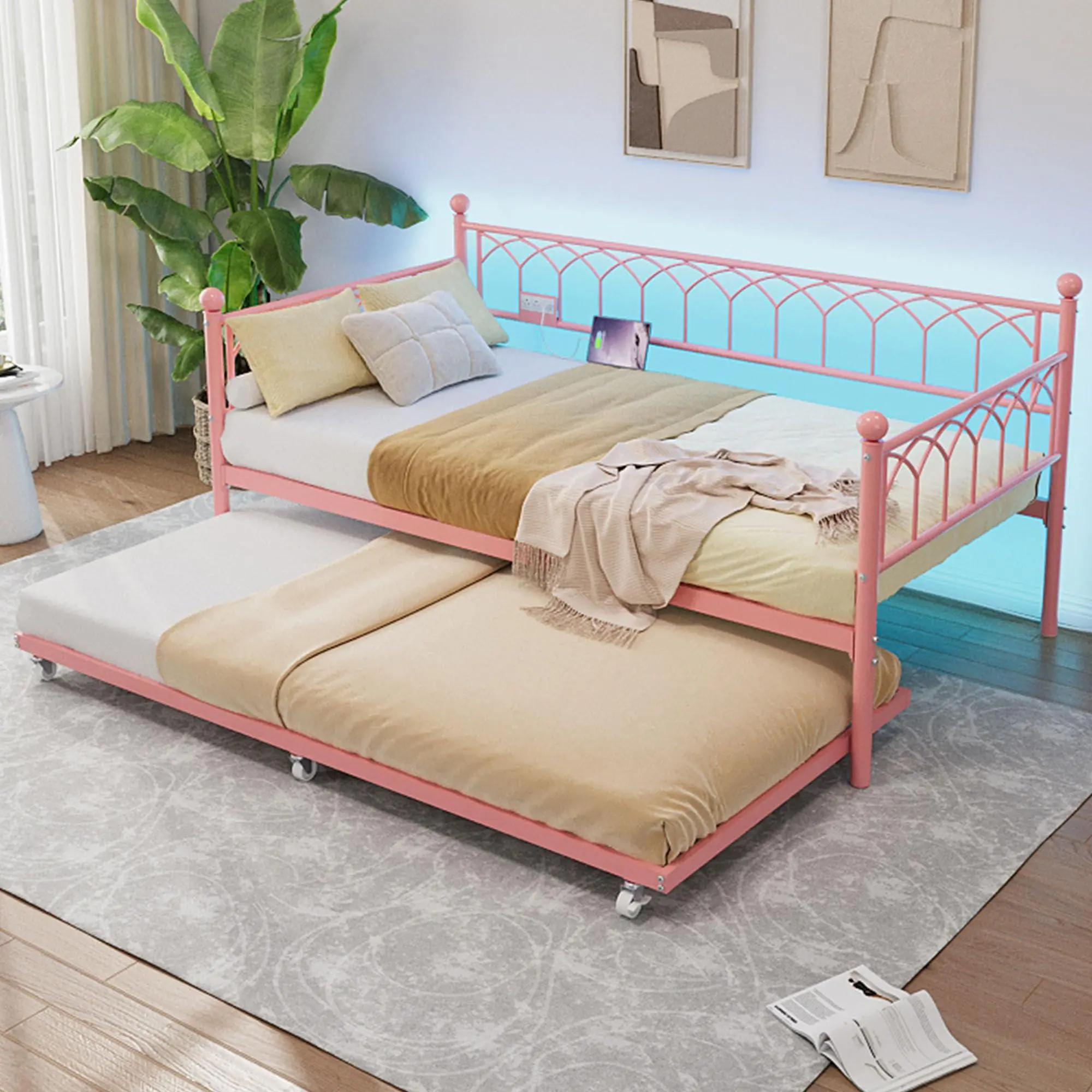 GARVEE Daybed with Trundle, Twin Day Bed with Charging Station & LED Lights, Metal Sofa Bed Frame with Pull Out Trundle for Living Room, Bedroom, Apartment, Small Spaces, Pink