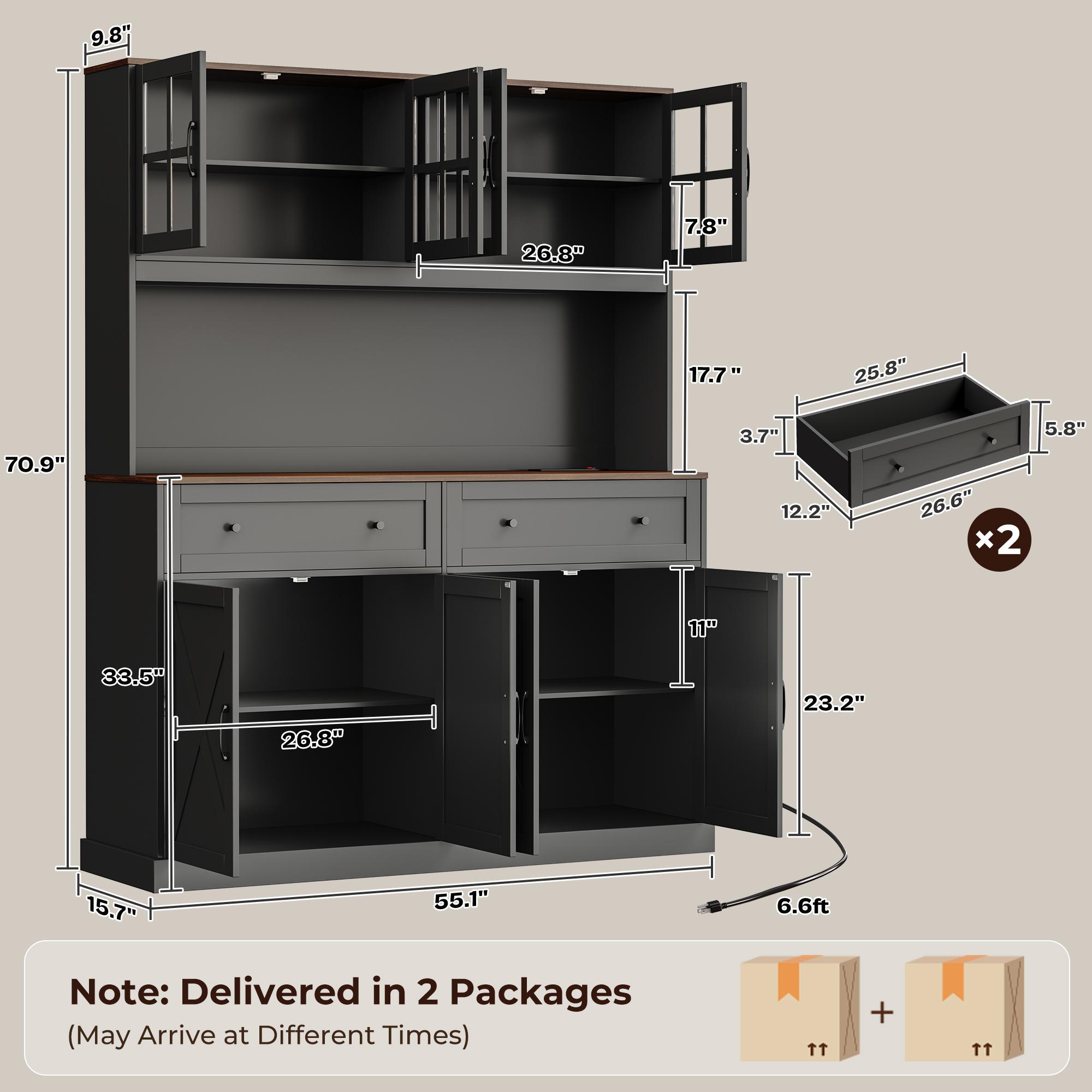 【2 Packages Shipping】PRAISUN 71''H x 55.1''W Pantry Cabinet with Charging Station, 4 Wide Cabinets Kitchen Pantry with 2 Drawers, Farmhouse Hutch Storage Cabinet, Tall Coffee Bar, Acrylic Door, Adjustable Shelves