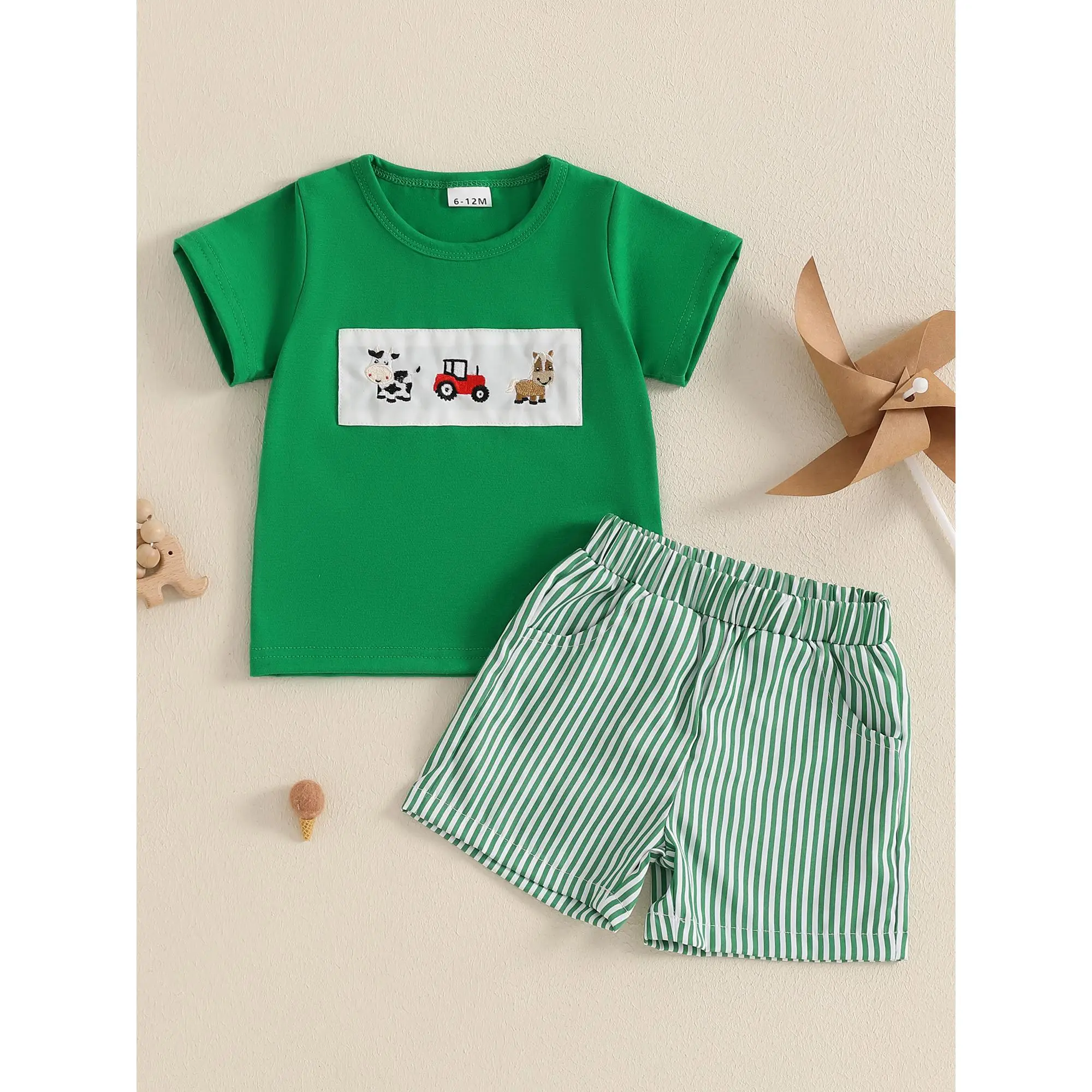 Toddler Boy Summer Outfits Animal Embroidery Round Neck Short Sleeve Tops with Stripe Shorts Outfit