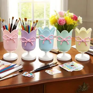 Cute Tulip Shape Bow Vase for Floral Arrangements, Plastic Tulip Pen Holder, Desk Organizer, Home Office Bathroom Kitchen Decor