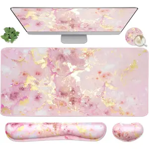 4-in-1 Large Gaming  Pad, Keyboard Wrist Rest Pad & Wrist Support Mousepad Set, Extended Desk Pad  Desk Mat for Home Office Study -Pink  Marble