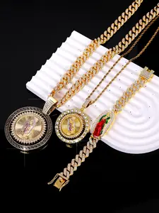3pcs Set Hip Hop Charm Iced Out Bling Enamel Virgin Mary Pendant Necklace & Bracelet Set for Men & Women, High-Quality Rotaible Jewelry