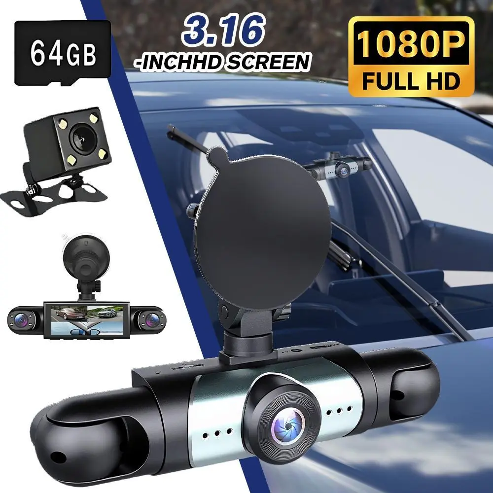 Front Rear Dashcam with 3.16in IPS Screen, 4-Channel, 1080P Triple Lens HD Car Camera, 170° Wide Angle, Parking Monitor, G-Sensor, Night Vision, 64GB Micro SD Card (64GB Storage), USB Type-C Full Set - Ideal Back-to-School Gift
