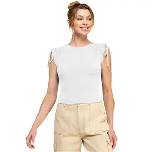 Ruching Shoulder Ribbed Top Breathable Casual