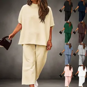 Women’s Plus Size 2 Piece Lounge Set (L-5XL) - 3/4 Batwing Sleeve Pullover Top & Wide Leg Pants - Oversized Casual Outfit & House Clothes