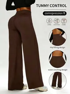 Women'S High Waisted Elastic Straight Leg Wide Leg Pants, Peach Hip Yoga Pants, High Stretch Fitness Pants, Breathable And Quick Drying, Moisture Wicking, Fashionable And Casual Outerwear, Made Of Polyester And Elastane Material