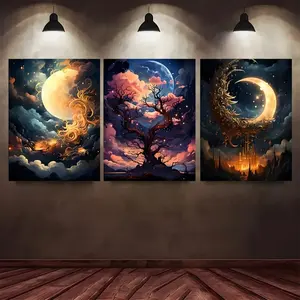 Moon Pattern DIY Diamond Arts Colorful Painting Kit without Frame, 3 Counts/set DIY 5D Diamond Arts Colorful Painting Kit, Wall Art Decor for Home Office, Diamond Art Tools, Diamond Painting Kits