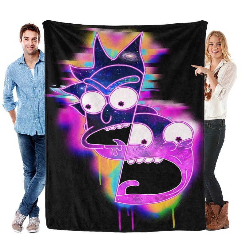 Rick and Morty Glitch Neon Face Throw - Psychedelic Distorted Portrait, Ultra Soft & Trippy