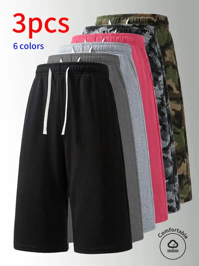 Men's 3/4 Athletic-Fitting Capri Shorts 3-Pack, Easy to Pair Basic Solid Pants with Pockets and Drawstring for Workout & Lounging