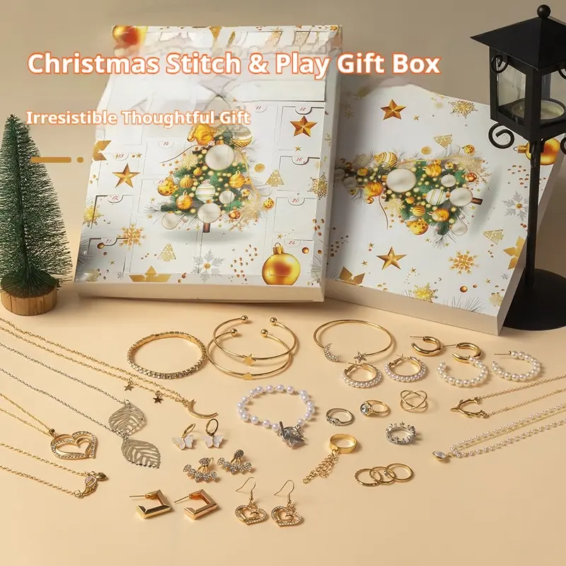Christmas Advent Calendar Countdown Jewelry Blind Box Earrings Necklace Bracelet Gift Set for Women, Festive Holiday Accessories