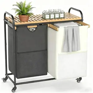 Laundry Sorter 2 Section, Laundry Hampers with Removable Shelf and Pull-Out Bags, Rolling Cart Clothes Hampers Basket with Wheels for Laundry Room, 2 x 46 L