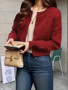 Women's Cherry Red Buttoned Cardigan, Smart Textured Knit Jumper, Chic Outfit for Office & University, Ladies Red Knitwear