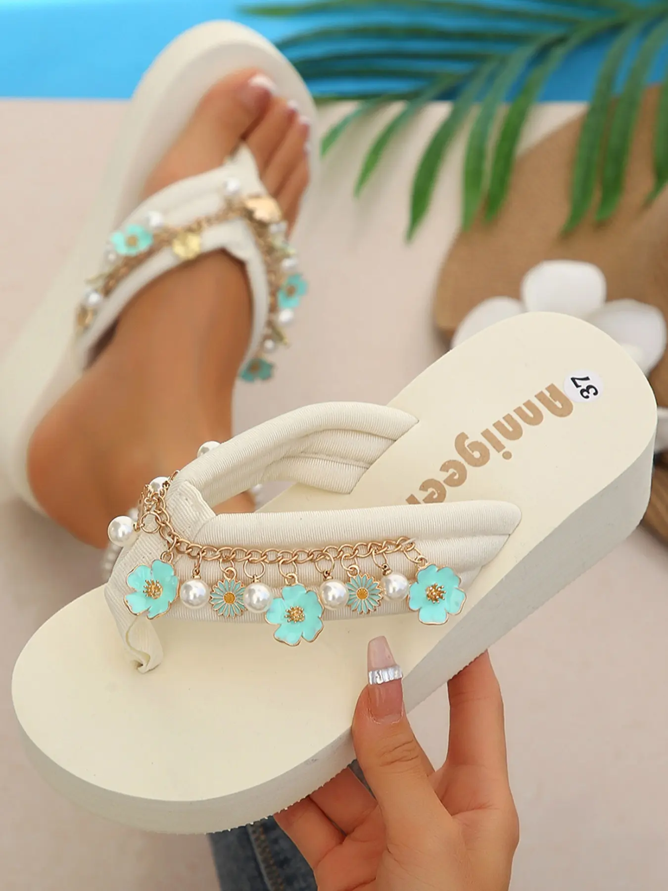 Beach Vacation Essential! Off- Thick Sole Wedge Sandals for Women, Elegant Floral Sandals, Floral Pattern Sandals, Light Color Floral Pearl Toe Posture Corrector Summer Shoes, Boho Wedge Sandals, Floral Wedges