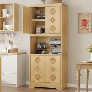 Light Oak 72" Tall Pantry Cabinet, Kitchen Hutch Storage Cabinet with Countertop for Microwave, Freestanding Wooden Cupboard with Carved Door & Crystal Handle, for Dining Room, Living Room
