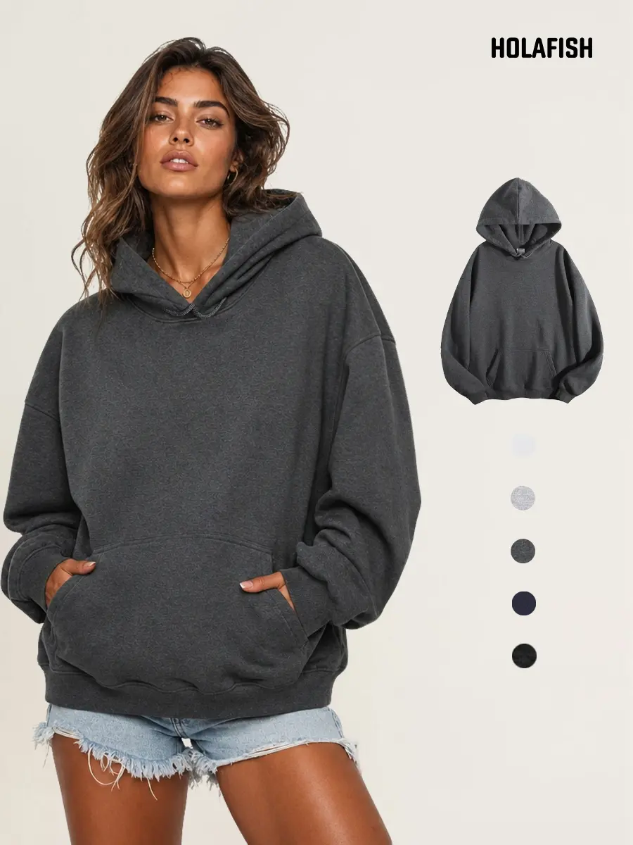 Holafish Women's Oversized Fleece Hoodie Solid Color Long Sleeve Pullover with Kangaroo Pocket Casual Streetwear for Weekend Lounging Fall Essential