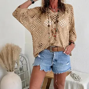 Women's Boho Crochet Knit Sweater V Neck Hollow Out Batwing Sleeve Loose Oversized Pullover Top Lightweight Beach Cover Up