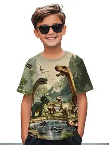 Jurassic Adventure Digital Print T-Shirt, Graphic Fashion Tee, 100% Polyester, Fashion Casual Kids Clothing, Perfect Gift for Boys, Outdoor Sports