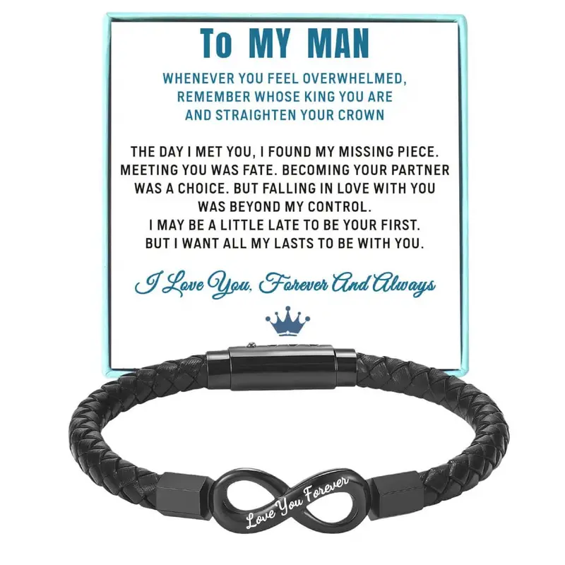 Black Braided Infinity Bracelet for Men - Engraved "Love You Forever", Mens Gifts, Romantic Occasion Gift for Boyfriend, Husband, Fiancé, Gifts For Boyfriend