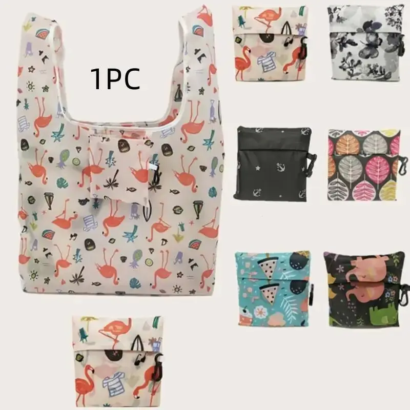 Foldable Shopping Bag, 1 Count Cartoon Print Portable Reusable Grocery Bag, Household Storage Organizer Carrier Bag