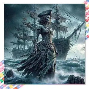 5D DIY Full Drill Round Diamond Painting - Pirate Ship, Roaring Ocean. Mosaic, Canvas - DIY Decorative Painting, Home Wall Art, Suitable for Halloween and Christmas, Birthday and Anniversary Gifts.